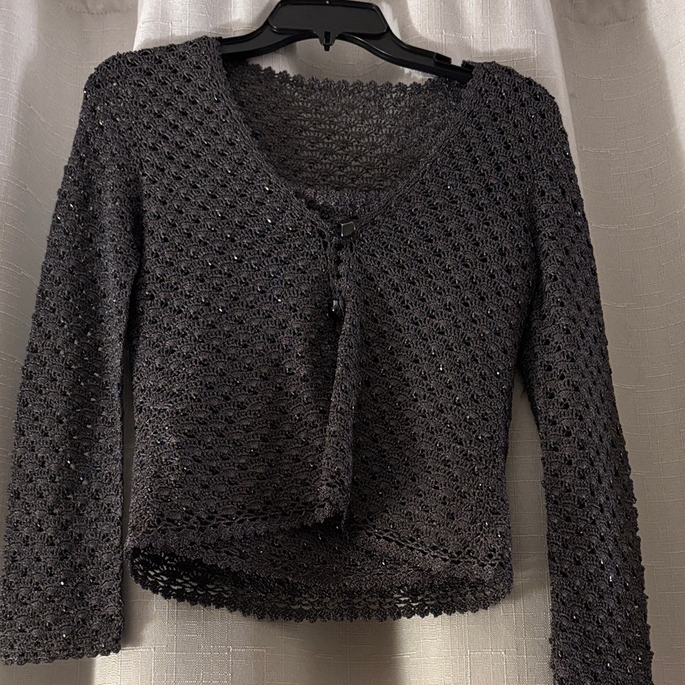 Carmen Marc Valvo Charcoal Crochet Cardigan Cami Twinset dressy‎ sequins size S